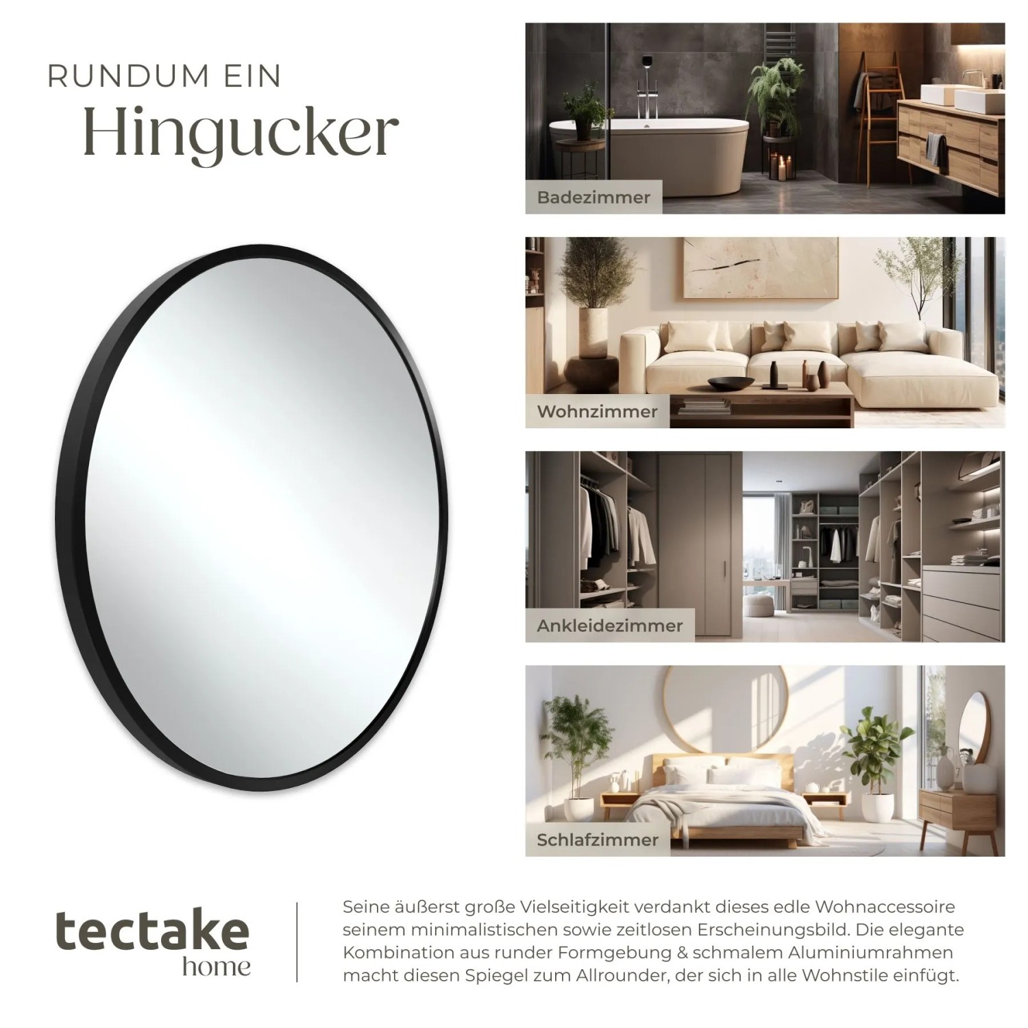 Runder Tectake Wandspiegel Fiona Ø 80 cm mit schwarzem Aluminiumrahmen, minimalistisch, vielseitig für Bad, Wohn- oder Schlafzimmer.