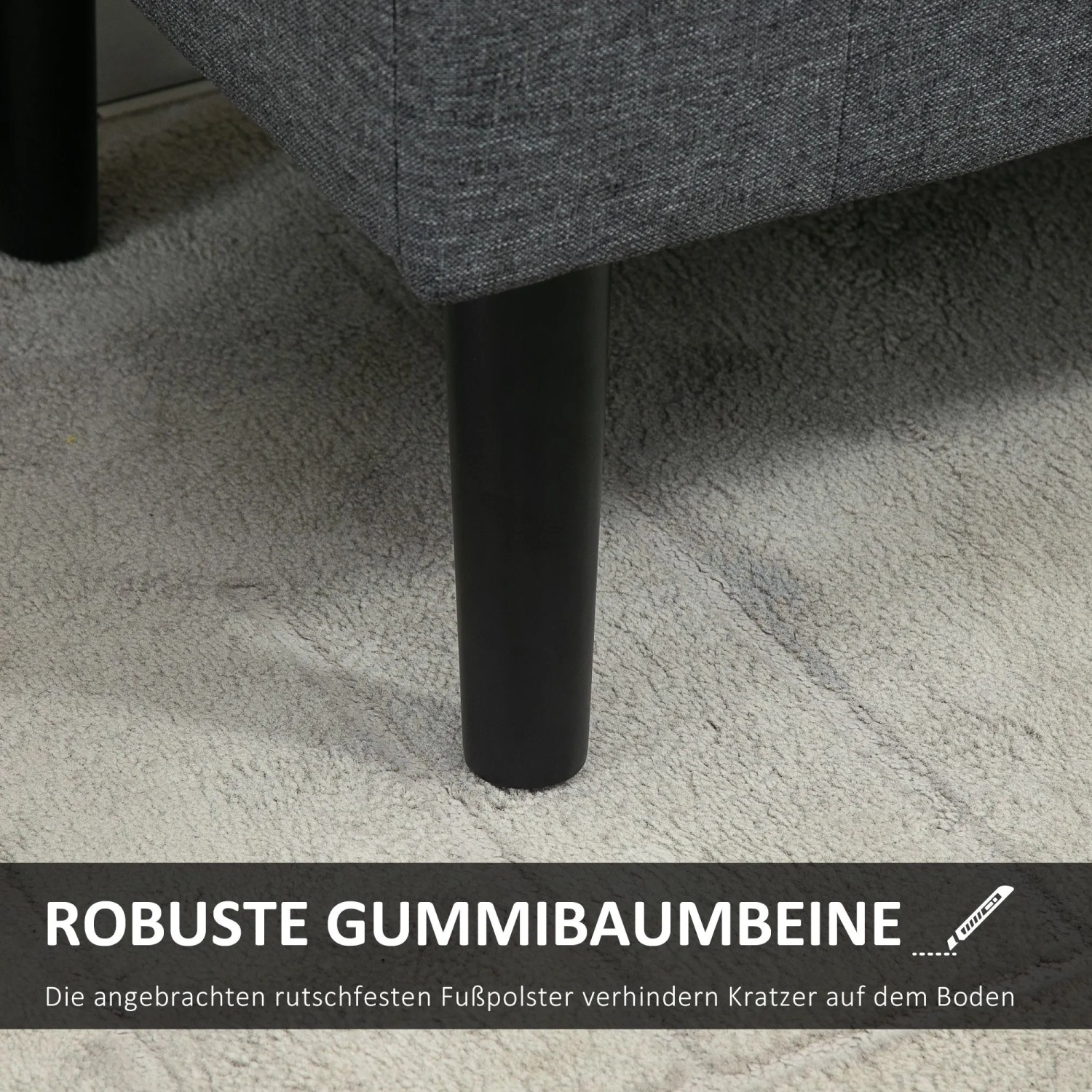 Robustes schwarzes Gummiholzbein der dunkelgrauen HOMCOM Sitzbank mit Stauraum auf hellem Teppich. Stabile Möbel.