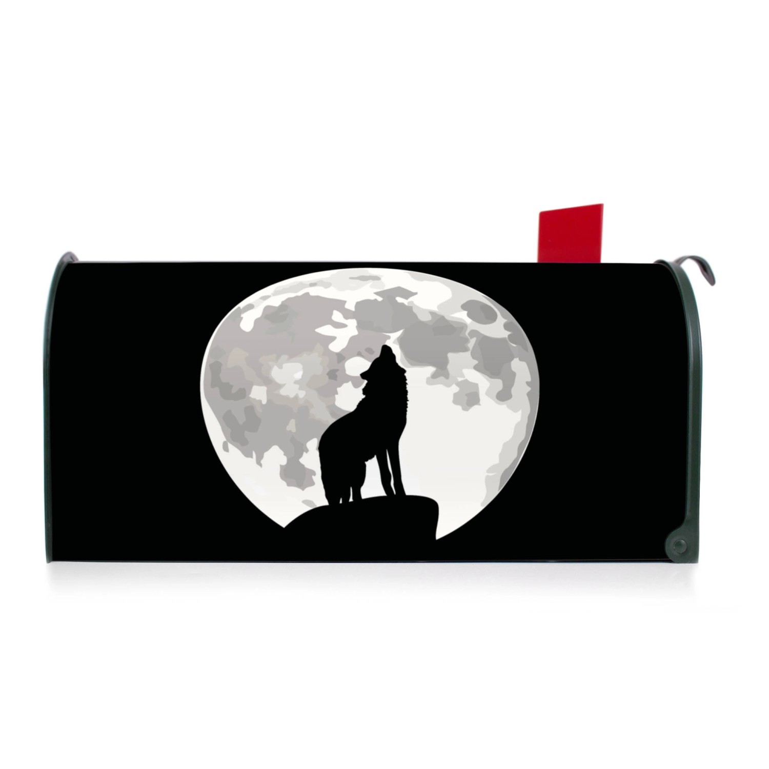 Grüner US Briefkasten mit Wolf Motiv. Stahl, pulverbeschichtet, 48x22x16cm.