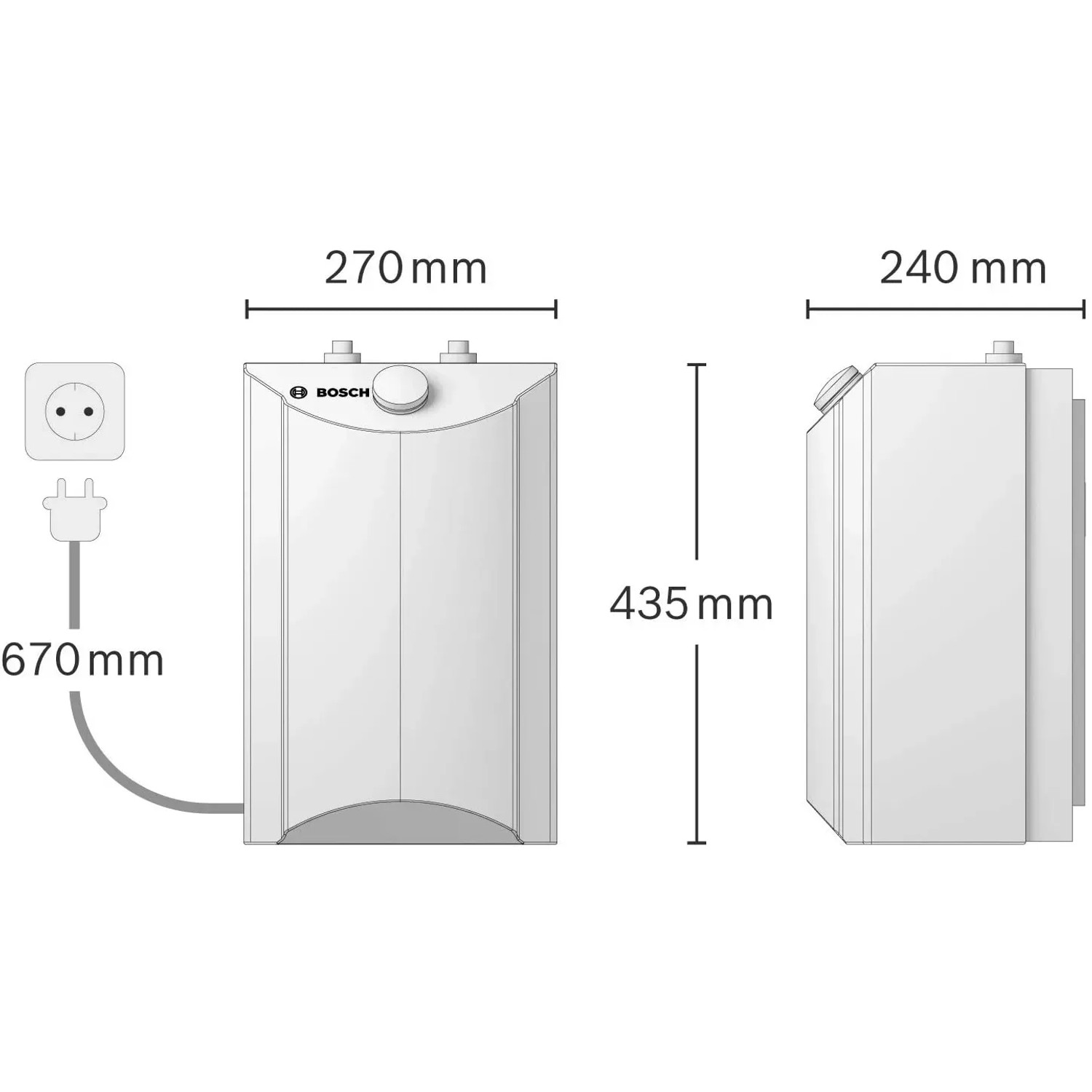 Abbildung des Bosch Kleinspeichers Tronic Store Advanced 5 l mit Maßangaben.