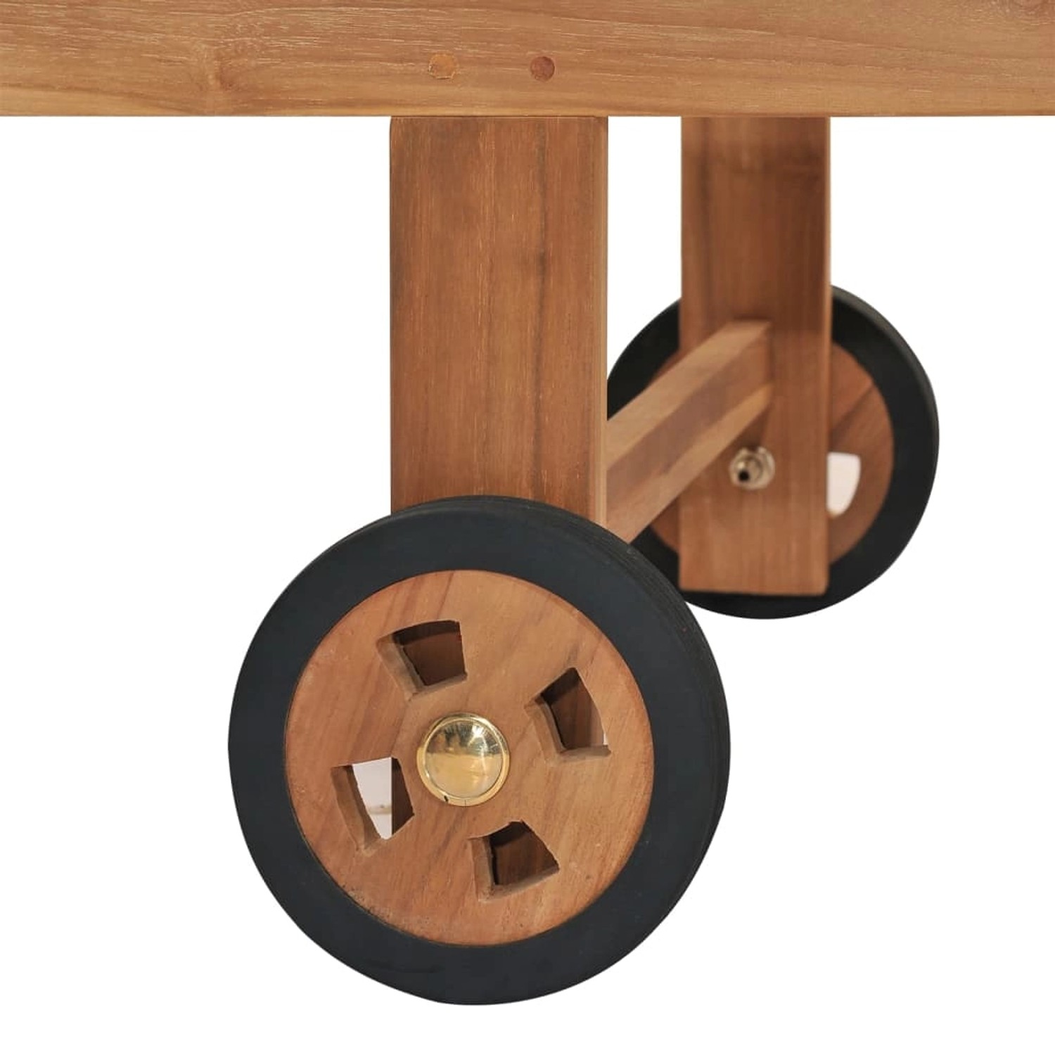 Detailansicht der Räder der vidaXL Sonnenliege aus Teak Massivholz.