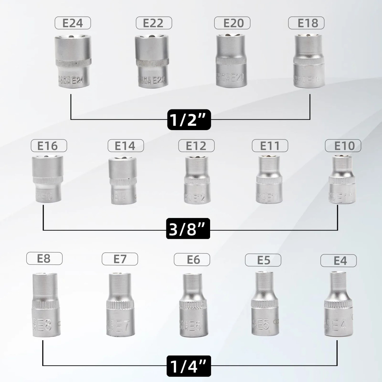 14-tlg. CCLIFE Torx Nuss Set E4-E24 aus Chrom-Vanadiumstahl mit 1/4, 3/8, 1/2 Zoll Antrieb für Außentorx.