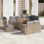 Beige 9-tlg. vidaXL Garten-Sofagarnitur aus Polyrattan mit Tisch und grauen Kissen.