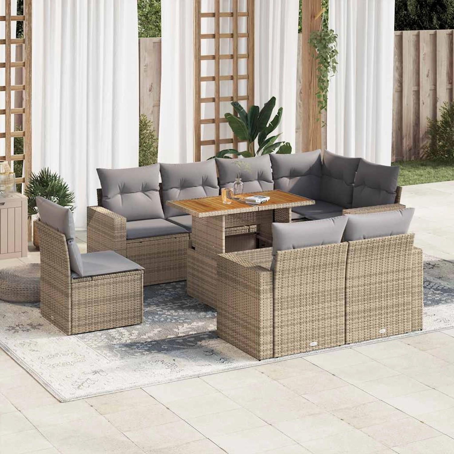 Beige 9-tlg. vidaXL Garten-Sofagarnitur aus Polyrattan mit Tisch und grauen Kissen.
