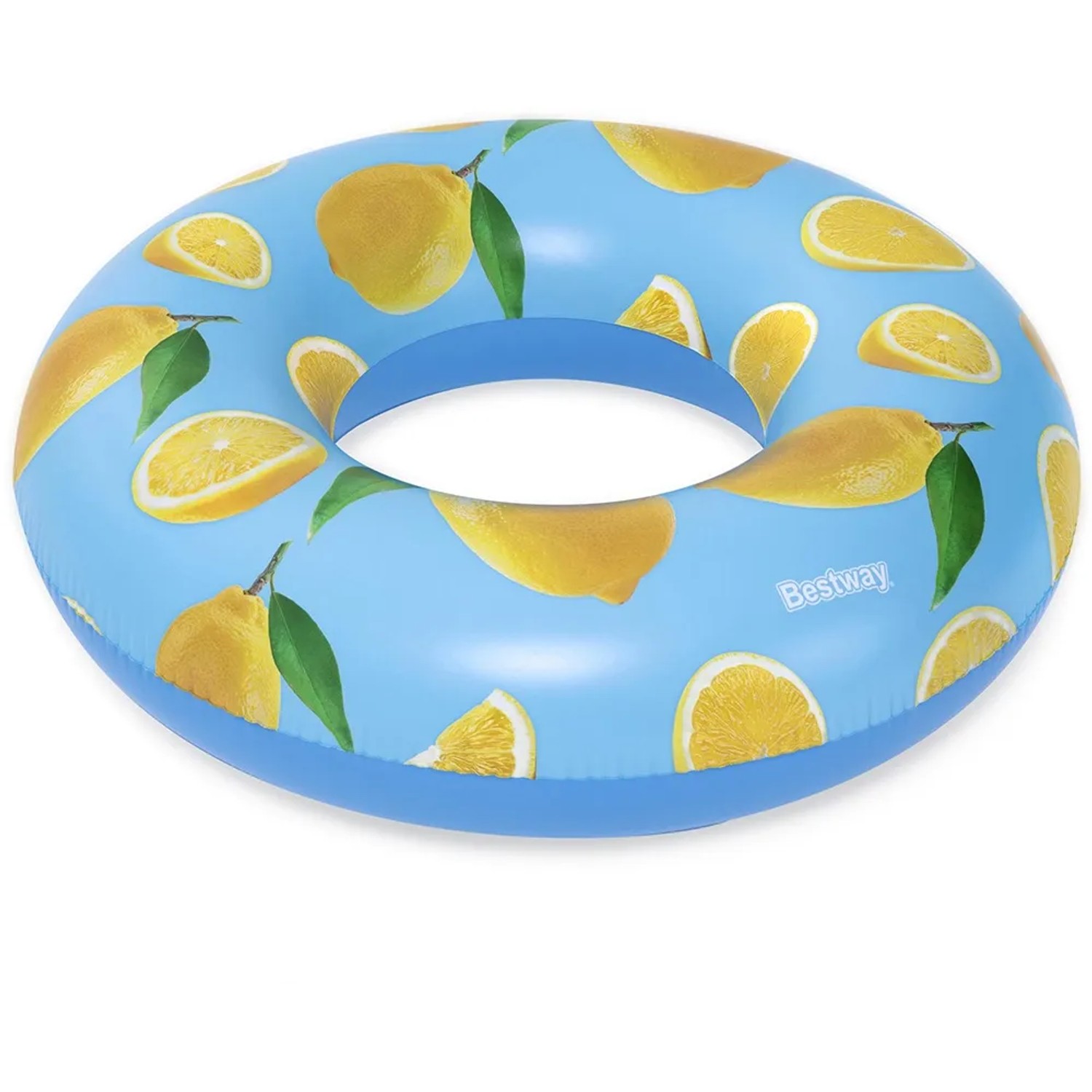Bestway Schwimmring Zitrone, Ø 106 cm, mit Zitronenmuster auf blauem Grund.