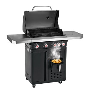 Landmann Gasgrill GG-II-492BKDE, 120 cm, schwarz, mit Heißluftfritteuse und Seitenbrenner.