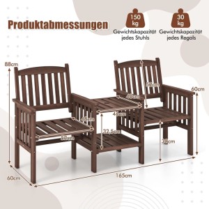 Braune Costway Tannenholz Gartenbank mit 2 Sitzen, Lattendesign, 2-stufigem Tisch, Schirmloch. Maße: 165x60x88cm.