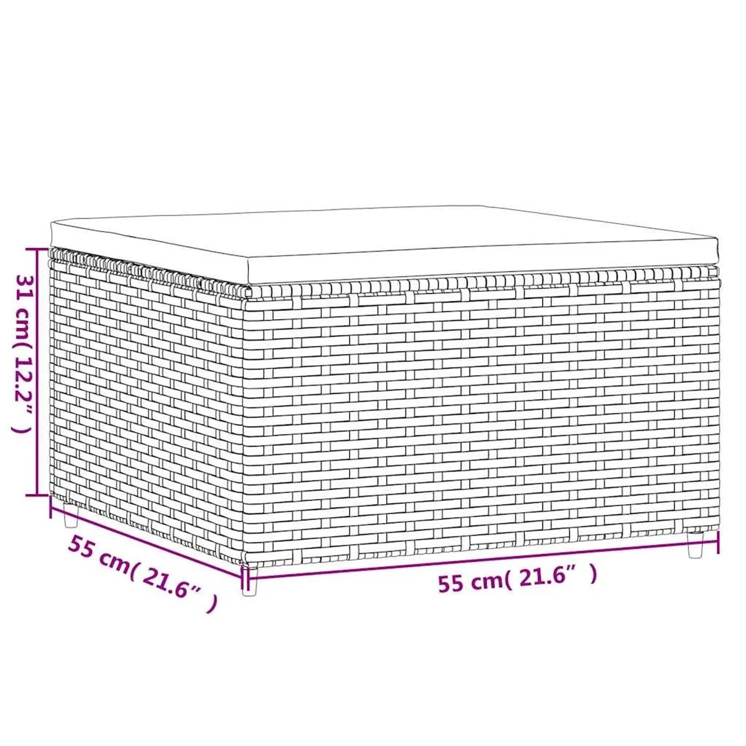 Skizze eines grauen Fußhockers aus Polyrattan mit Kissen, Teil eines Garten-Lounge-Sets.