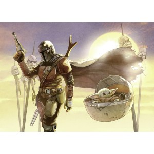 Komar Vlies Fototapete Star Wars: The Mandalorian und Grogu. Mehrfarbiges Design mit Mandalorianer und Baby Yoda.