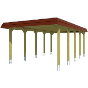 Skan Holz Carport Spreewald mit roter Blende, Holzkonstruktion mit flachem Dach und stabilen Pfosten.