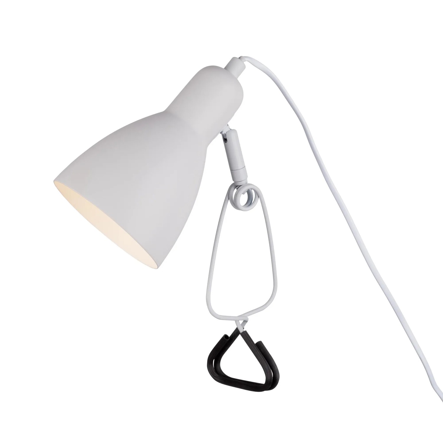 Weiße Näve Klemmleuchte Mara, 28 cm hoch, mit Metallklemme und schwarzem Zuleitungskabel.