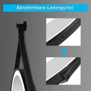 Detailaufnahme: Abnehmbarer Ledergürtel am runden Badspiegel mit LED-Beleuchtung.