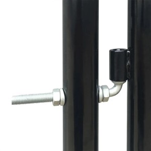 Detailaufnahme: Schwarzes Zauntor (vidaXL) mit Bolzen und Scharnier.
