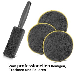STAHLWERK Reinigungsset: Felgenbürste und 3 Applikator-Pads für Kfz-Detailing.