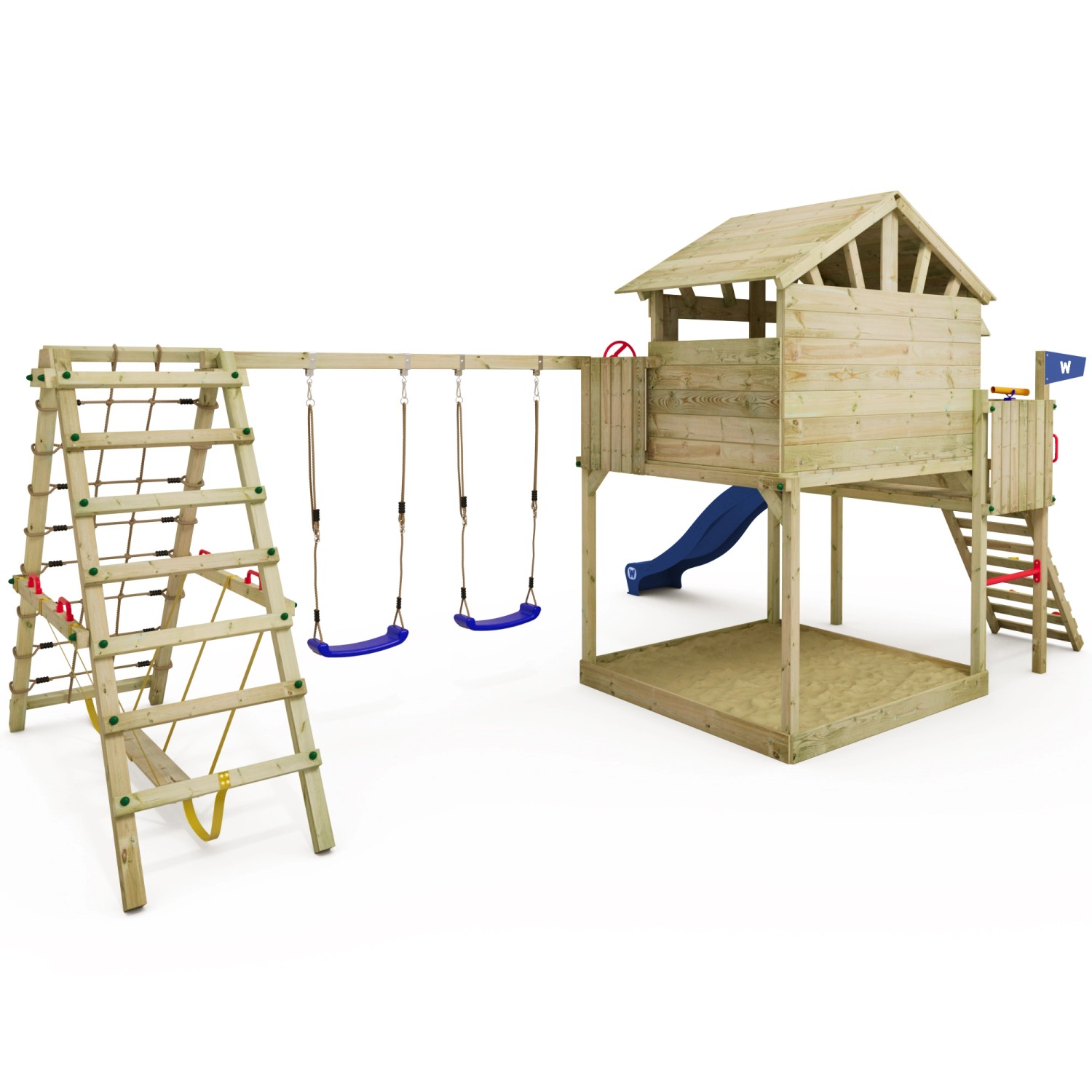 Wickey Spielturm Smart Fjord mit Rutsche blau, Kletterwand, Schaukel und Sandkasten.