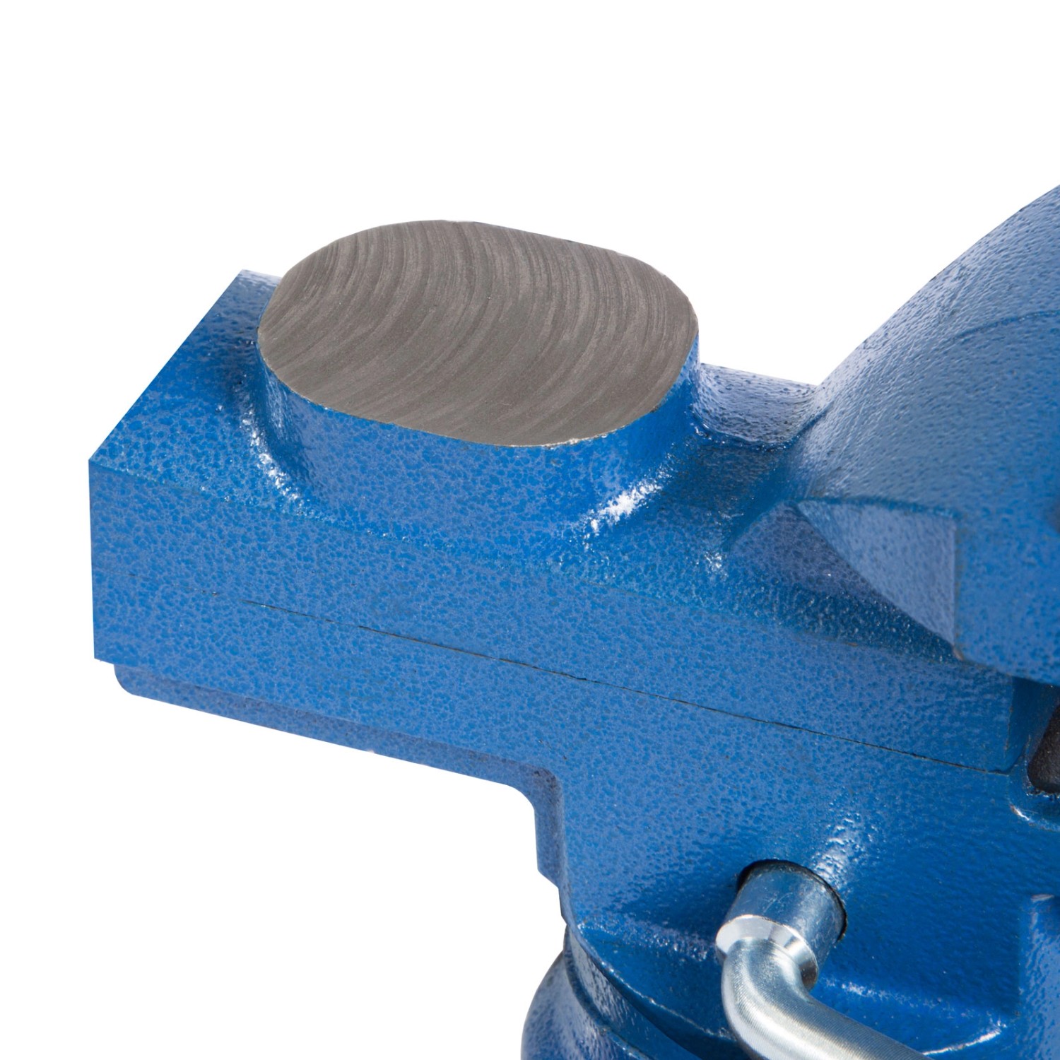 Detailaufnahme: Blauer EBERTH Mini Schraubstock mit Amboss, 360° drehbar.