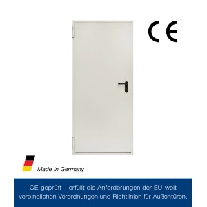 Grauweiße Hörmann Feuerschutztür T30-H8-5, Stahltür mit schwarzem Türgriff.