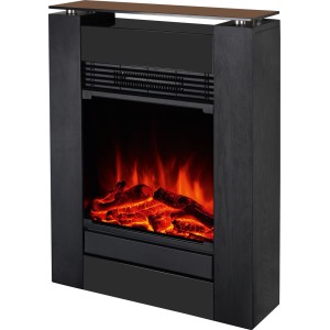 Schwarzer Elektro-Kamin Glasbury Fire mit Glasfront, Holzoptik, LED-Flammeneffekt und Glutbett.