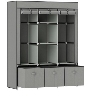 HOMCOM Stoffschrank, hellgrau, mit Stahlrahmen, Vliesstoffbezug, Regalen und Schubladen.