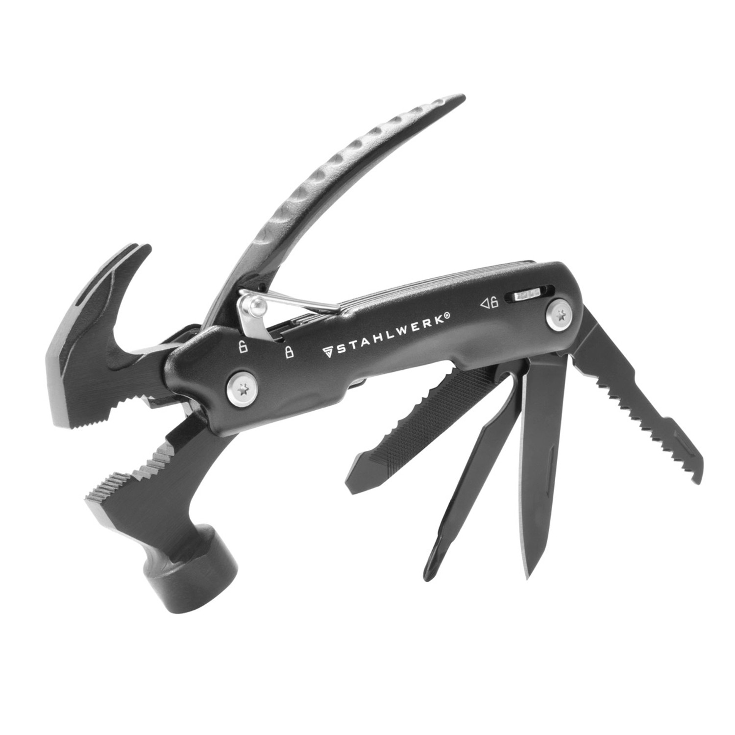 STAHLWERK Multitool mit 12 Funktionen und LED-Taschenlampe, ideal für Outdoor-Aktivitäten.