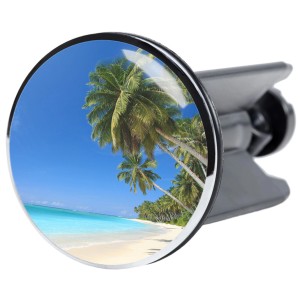 Sanilo Waschbeckenstöpsel mit Karibik-Motiv: Strand mit Palmen und blauem Himmel.