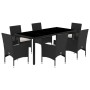 Schwarze 7-tlg. Garten Essgruppe aus Polyrattan mit Glasplatte und cremeweißen Kissen.