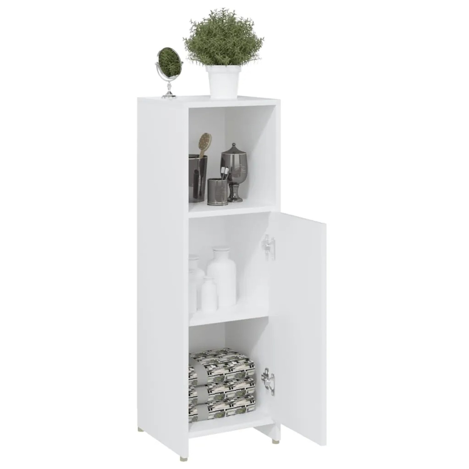 Weißer vidaXL Badezimmerschrank (30x30x95 cm) mit offener Tür und drei Fächern. Badmöbel-Set.