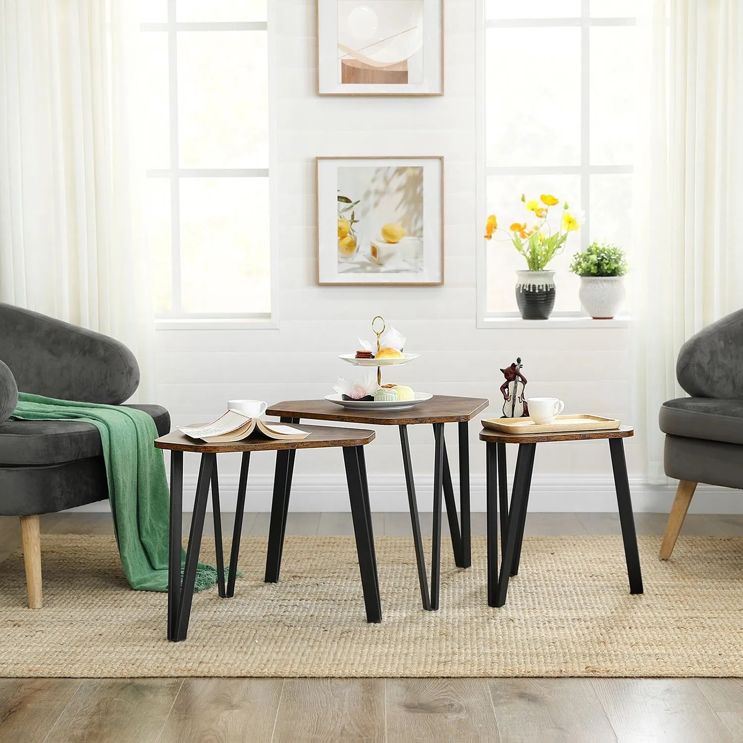 Vasagle Nachttisch 3er Set in Braun-Schwarz. Beistelltische im Industrie-Stil für Wohnzimmer.