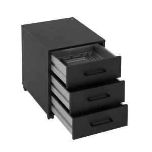 Schwarzer Schildmeyer Rollcontainer Ruby mit drei Schubladen, oberste Schublade geöffnet mit Utensilieneinsatz.