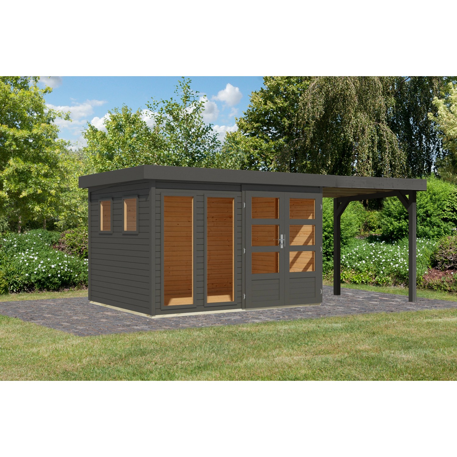 Karibu Gartenhaus Maradi 5 Rundum m. Anbaudach Terragrau 211 x 298 x 242 cm günstig online kaufen