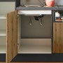 Detailansicht der pino Küchenzeile 250 cm in Evoke Eiche mit geöffnetem Spülenschrank.