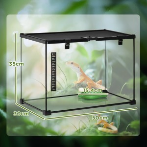 PawHut Terrarium für Reptilien, 50x30x35cm, mit Thermometer und einer beigen Echse.