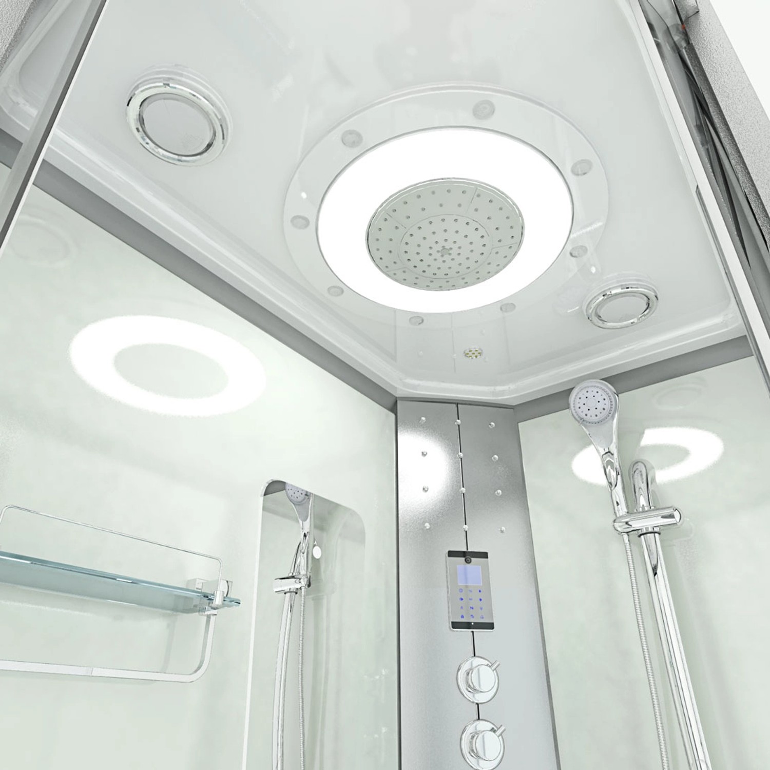 Innenansicht der AquaVapore Duschkabine 120x80 mit Regendusche, Handbrause und Bedienelementen.