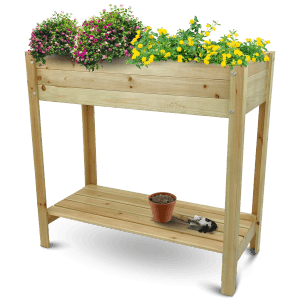 Holz4home Hochbeet aus Kiefernholz mit Ablage und bunten Blumen. Ideal für Garten und Balkon.