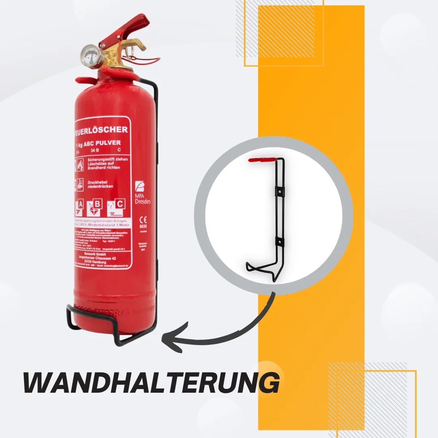 Roter 1kg ABC Pulver Feuerlöscher mit Manometer und schwarzer Wandhalterung für Auto & Zuhause.