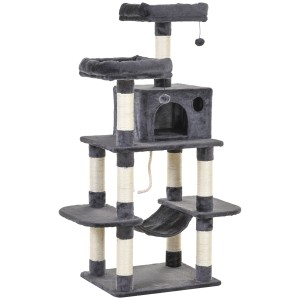 Grauer PawHut Katzenbaum mit Hängematte, Katzenhaus und Kratzstämmen, 144cm hoch.