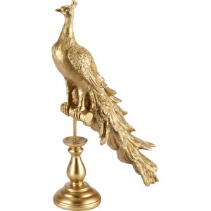 Goldene Dekofigur Pfau Glam Forest auf Sockel, elegante Wohnraumdekoration.