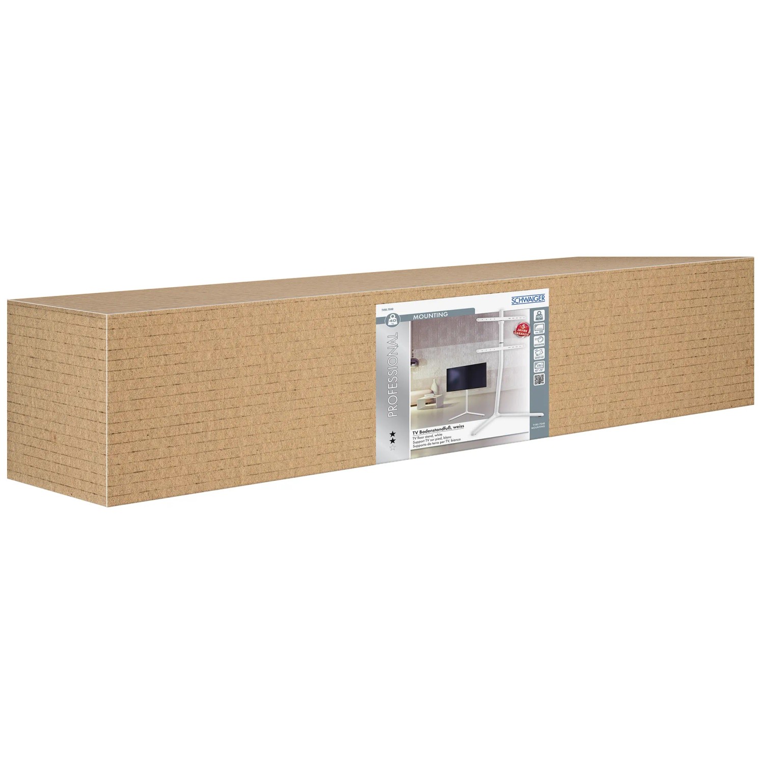 Verpackung des weißen Schwaiger TV-Bodenstandfuß TVBS7040, freistehende TV-Halterung.