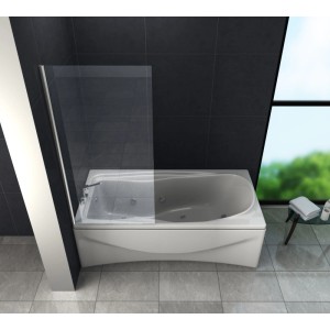 Glasdeals Badewannenaufsatz STURDO 70x140 cm aus 6mm Sicherheitsglas mit Chromprofilen auf weißer Badewanne.