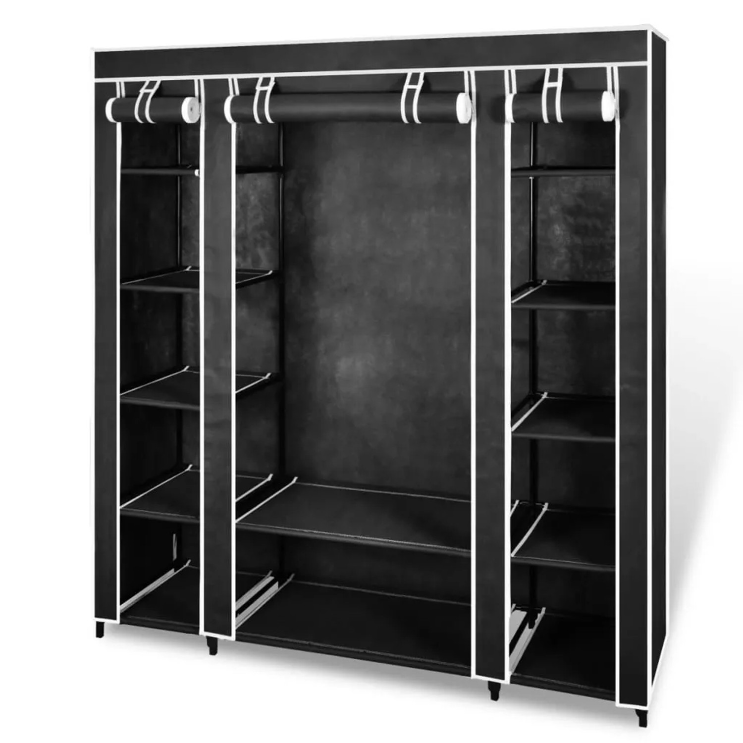 Schwarzer Stoffschrank mit Fächern und Kleiderstangen (45x150x176 cm) für flexible Aufbewahrung.