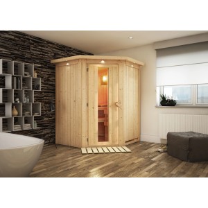 Karibu Sauna mit LED-Dachkranz aus Naturholz, inklusive Tür, Bänken und Ofenschutzgitter.