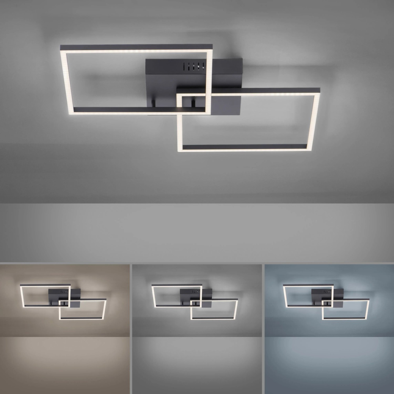 Moderne, schwarze LED-Deckenleuchte Iven von Just Light, 53x53 cm, mit zwei Quadraten.