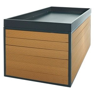 MCW XL Mähroboter Garage L45 in Eiche-Optik mit Pflanzkasten für Witterungsschutz.