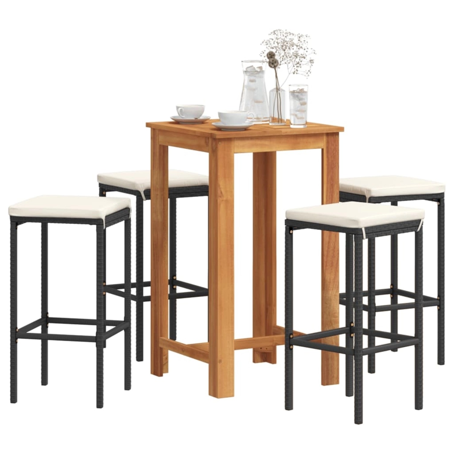 vidaXL Gartenbar-Set, 5-teilig, Akazienholz/Poly Rattan, schwarz. Bartisch mit 4 Barhockern und cremefarbenen Kissen.