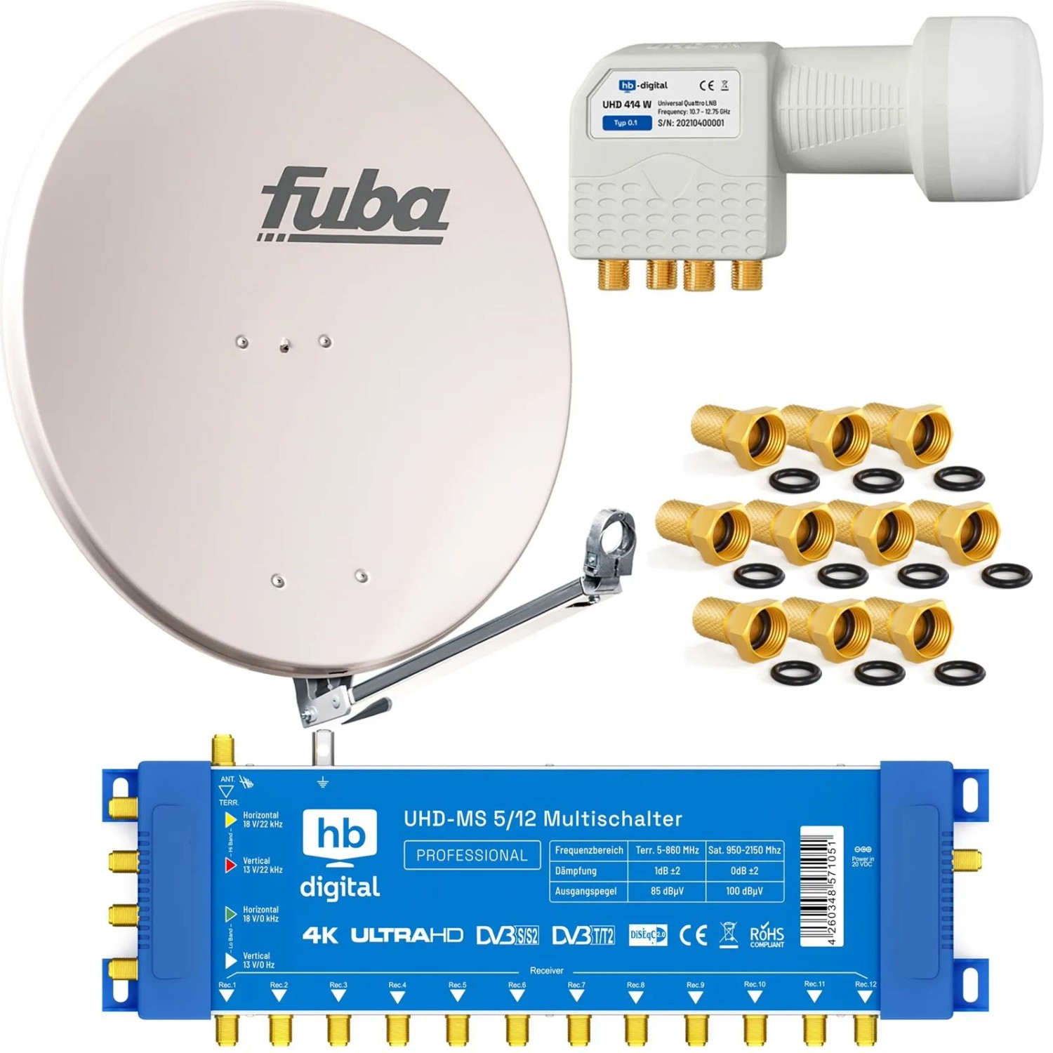 hb-digital SAT Anlage Fuba DAL 800 80cm mit Multischalter MS 5/12 und Quattro LNB Hellgrau