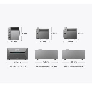 Anker SOLIX Solarbank 3 E2700 Pro Set mit Maßen, bestehend aus Solarbank, Akku, Smart Meter und Plugs.