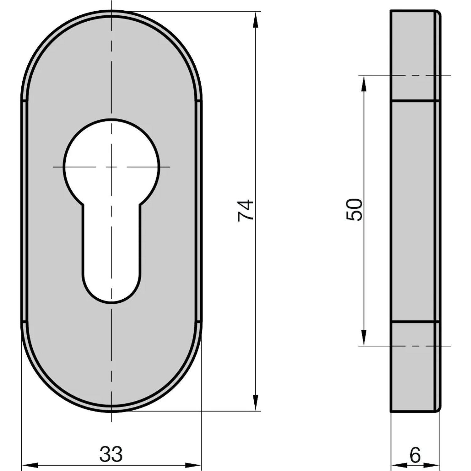 Technische Zeichnung: Basi Schmalrahmen-Schutzrosette SR 4100 PZ, Edelstahl, ovale Form, Maße in mm.