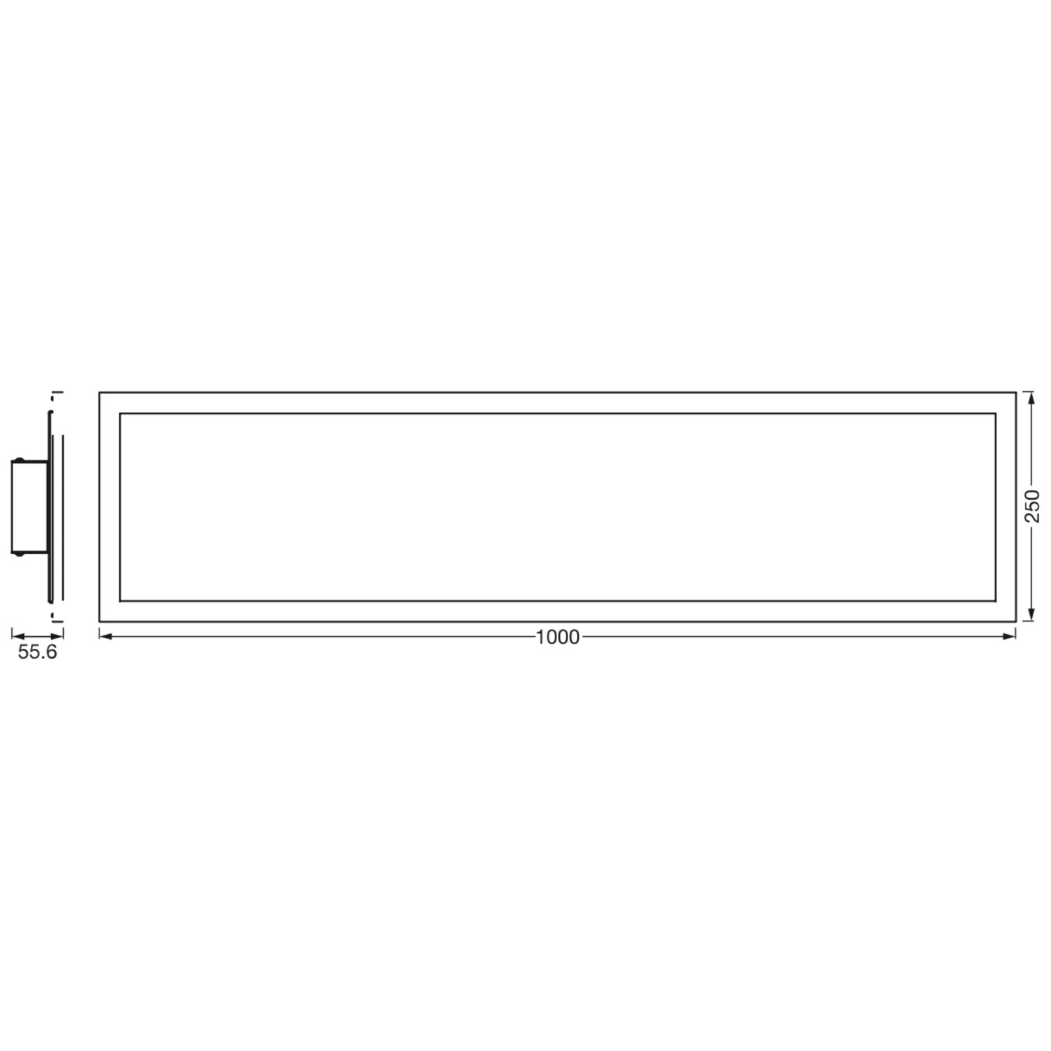 Technische Zeichnung der Ledvance Planon Plus Smart WiFi Panelleuchte, 100x25x5,6 cm.