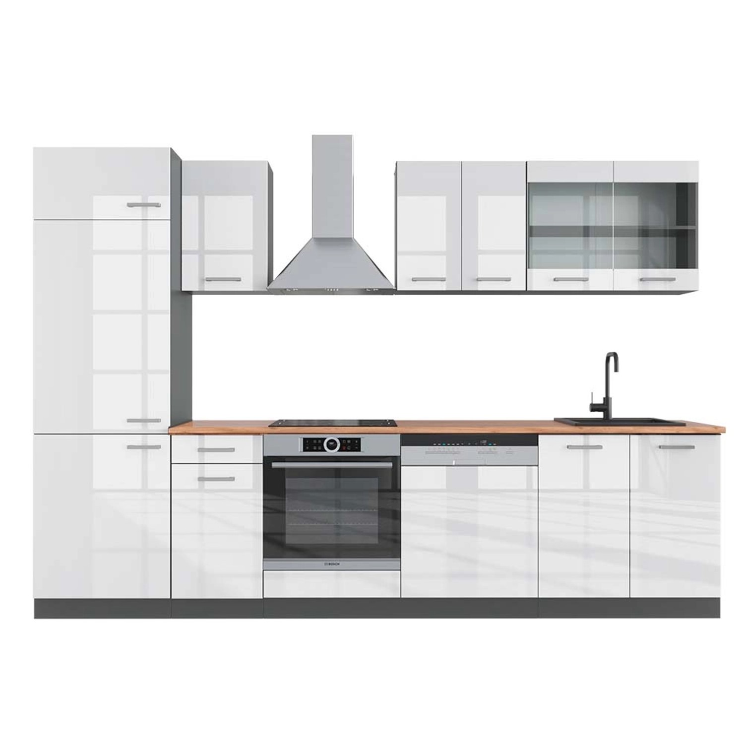Vicco R-Line Küchenzeile Weiß Hochglanz/Anthrazit 300 cm AP Eiche günstig online kaufen