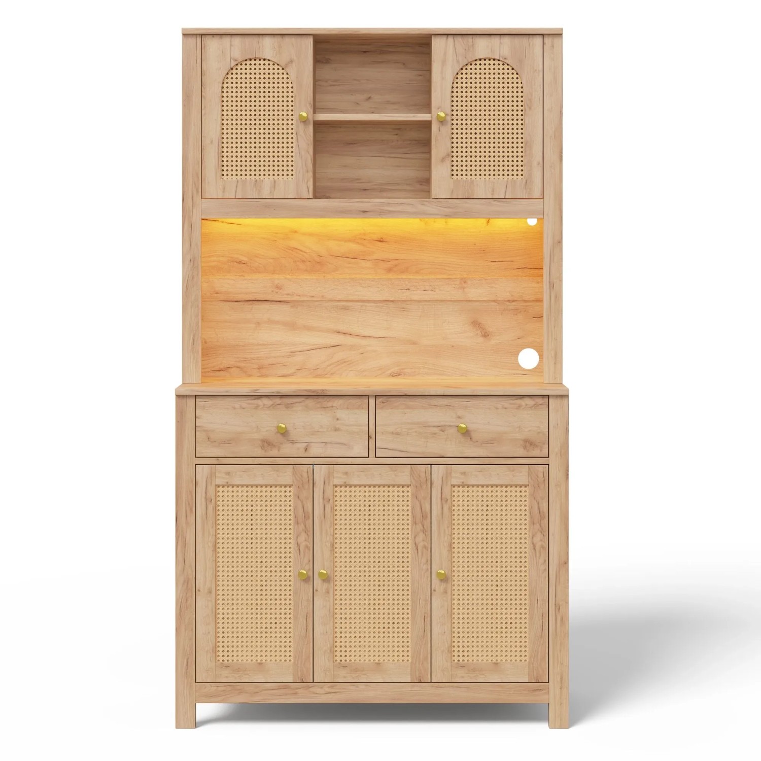 Merax Küchenschrank 100x40x180 cm 5 Rattantüren 2 Schubladen LED
